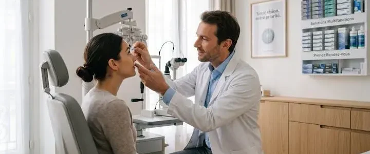 Opticien-lunetier installant une lentille de contact sur l'œil d'une patiente lors d'une consultation d'adaptation dans un cabinet d'optique moderne en France