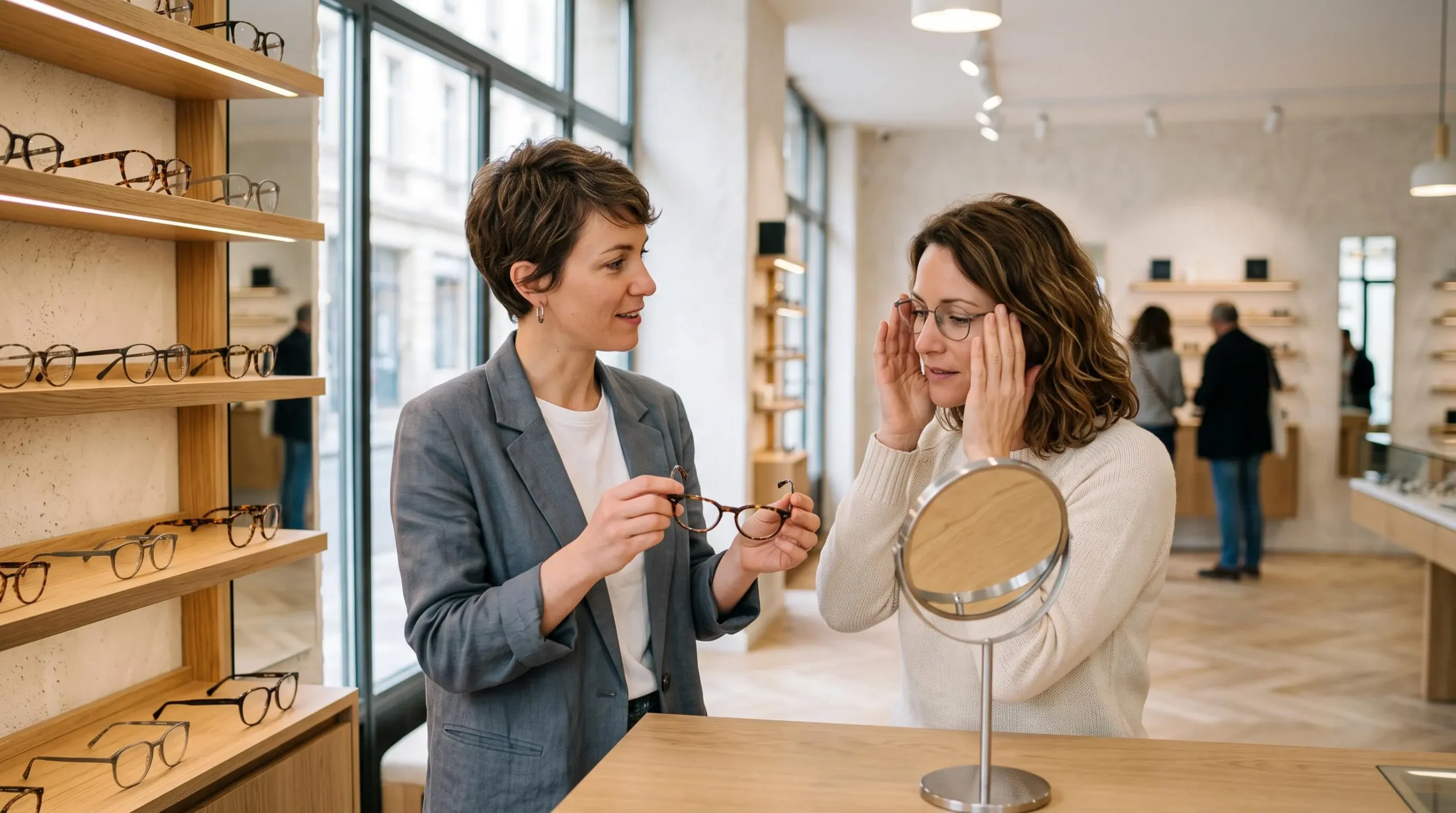 Opticien présentant des montures de lunettes à un client lors d'une consultation en magasin d'optique