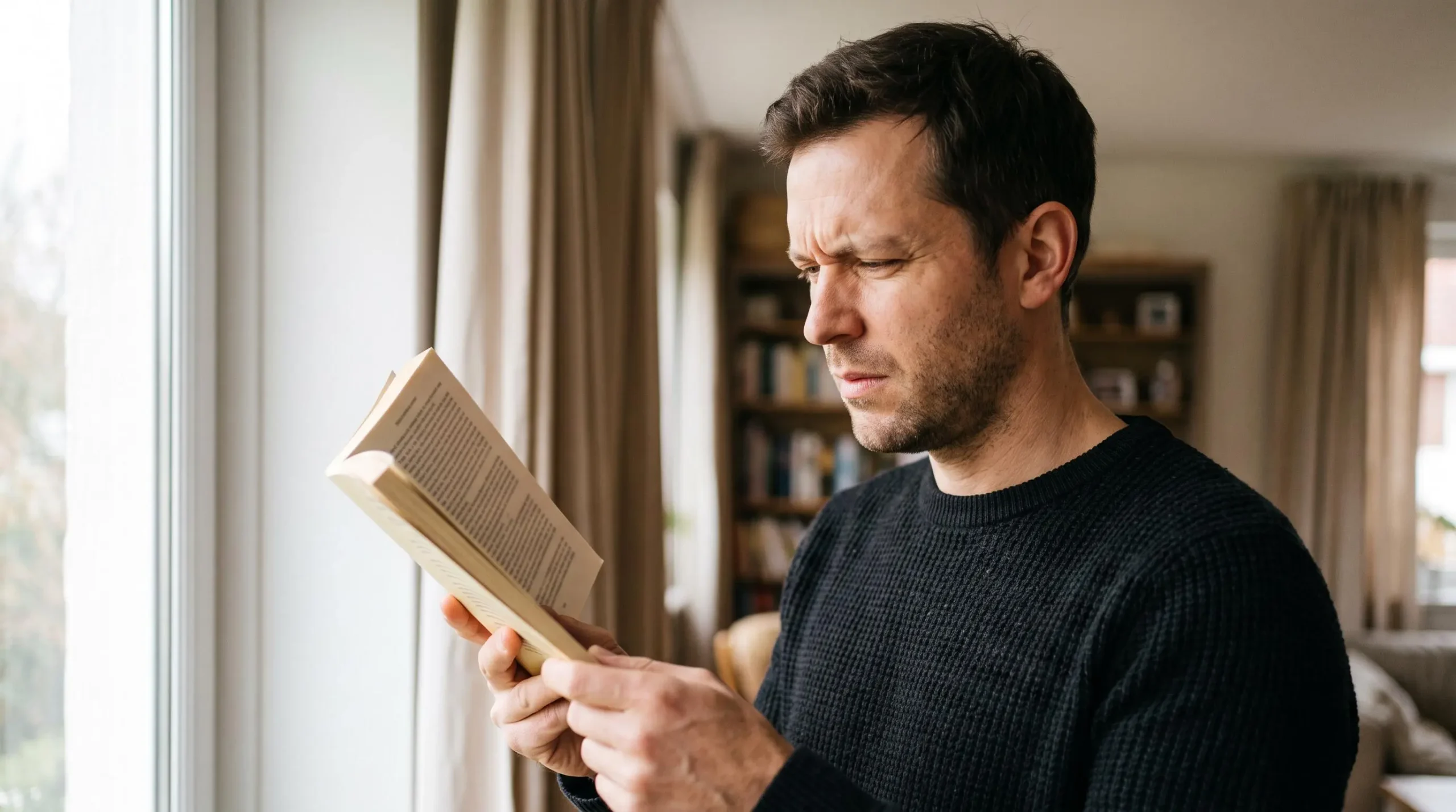 Personne plissant les yeux en essayant de lire un texte de petite taille sur un document imprimé tenu à distance
