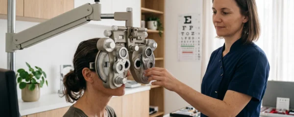 Patient subissant un examen ophtalmologique avec réfracteur automatisé dans un cabinet d'ophtalmologie