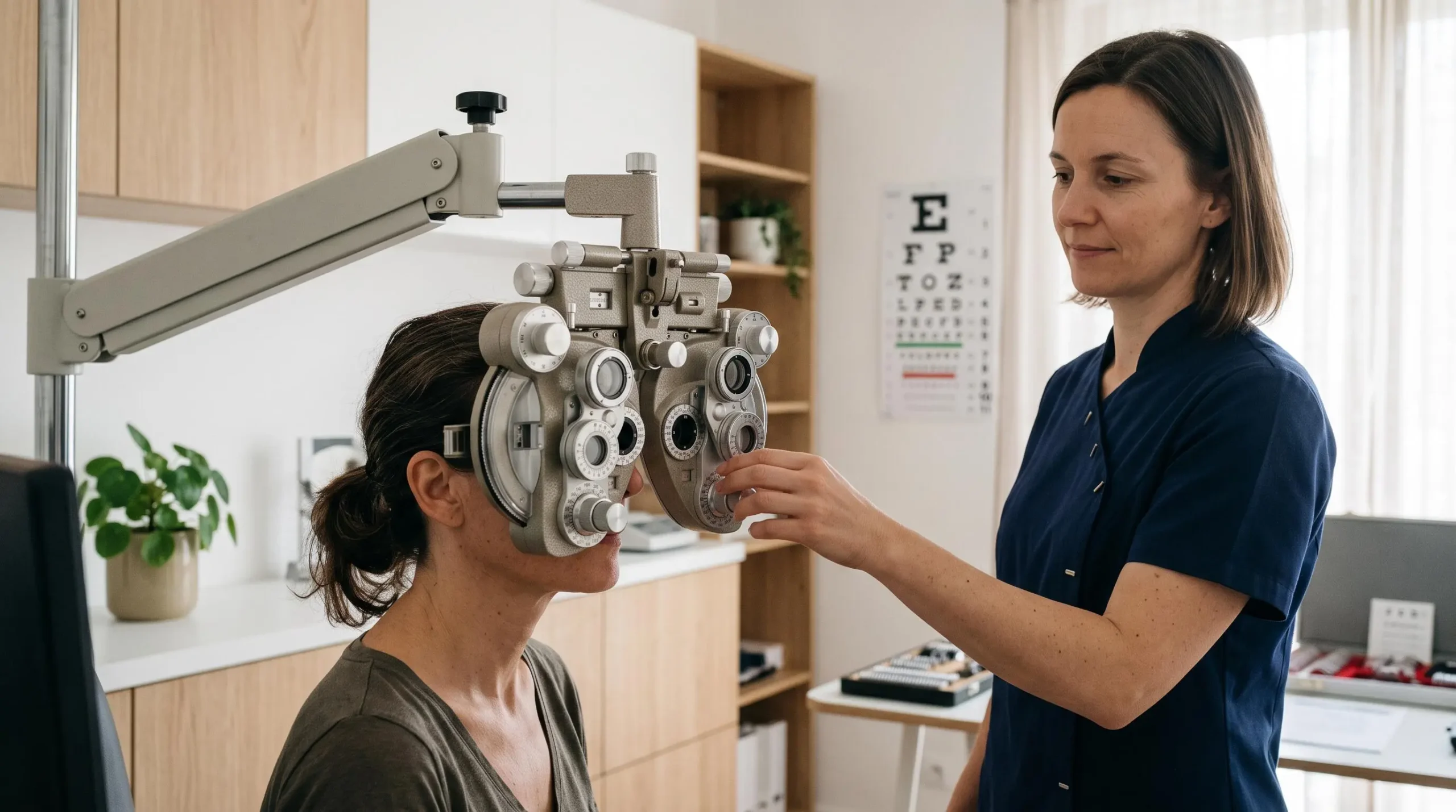 Patient subissant un examen ophtalmologique avec réfracteur automatisé dans un cabinet d'ophtalmologie